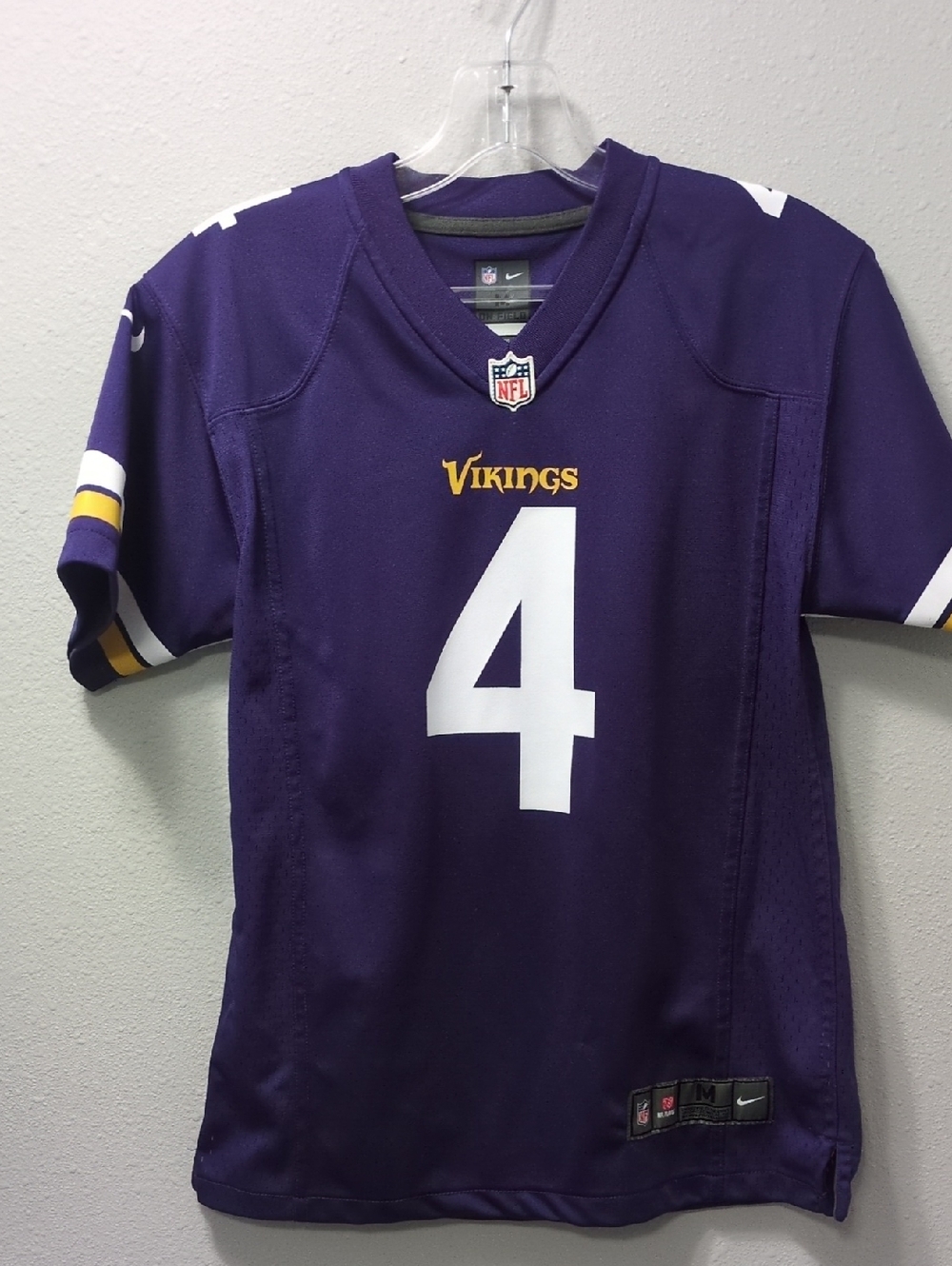 Nike Purple Vikings #4 Football Jersey with White and Gold Accents